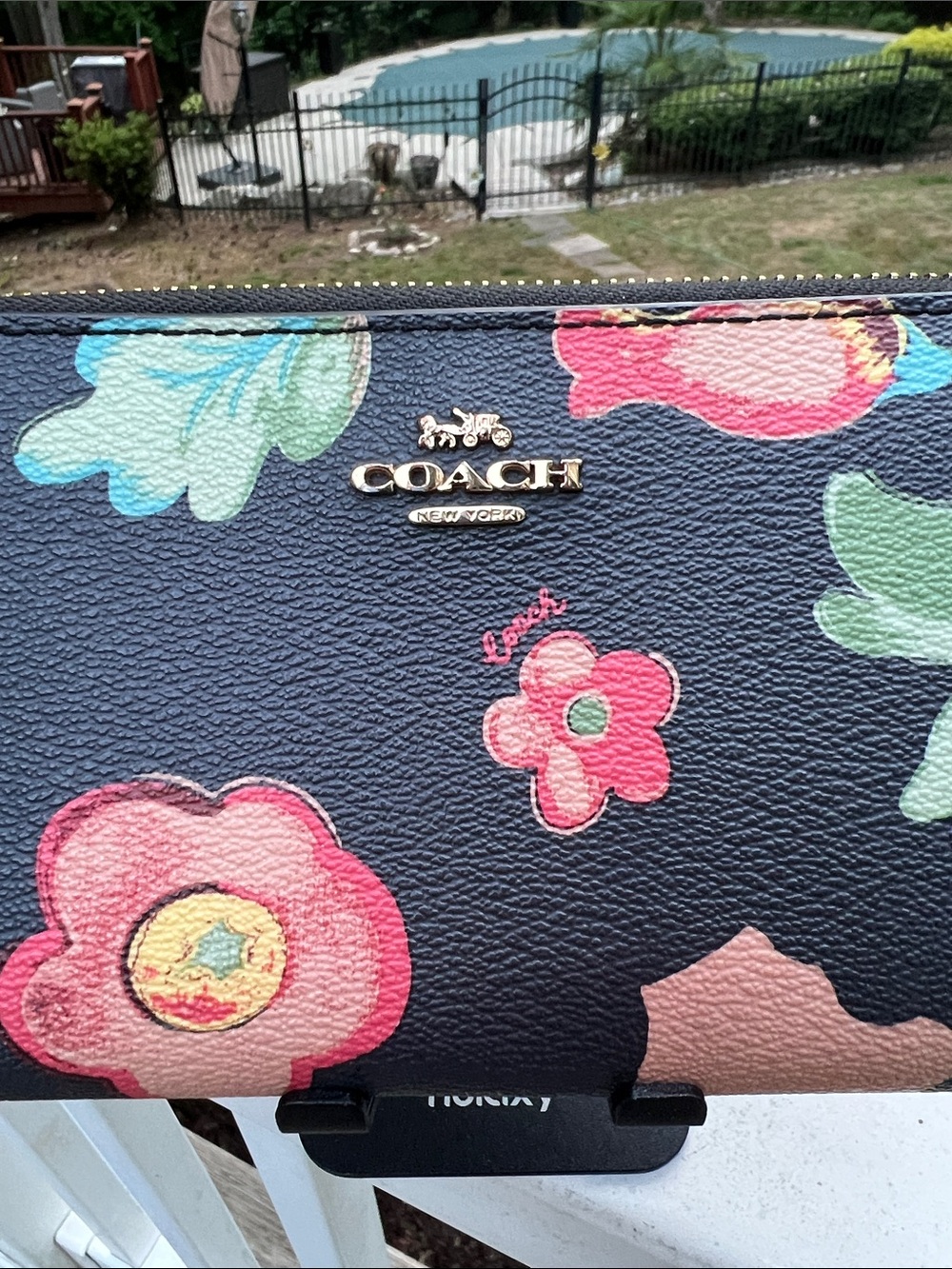 Coach Black Floral Zip-Around Wallet with Pink and Green Blooms - Picture 3 of 16
